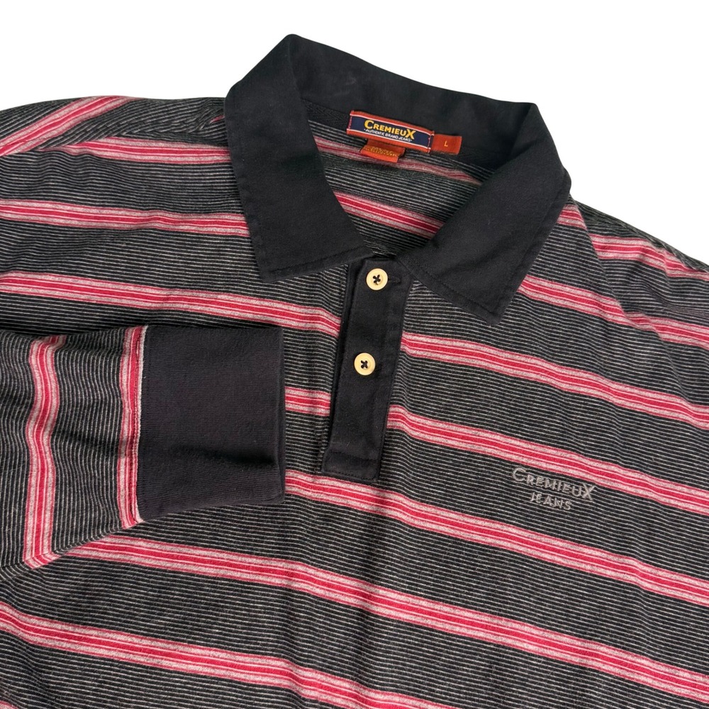 Cremieux Mens L Polo Shirt Gray Red Striped Long Sleeve Cotton Logo Casual